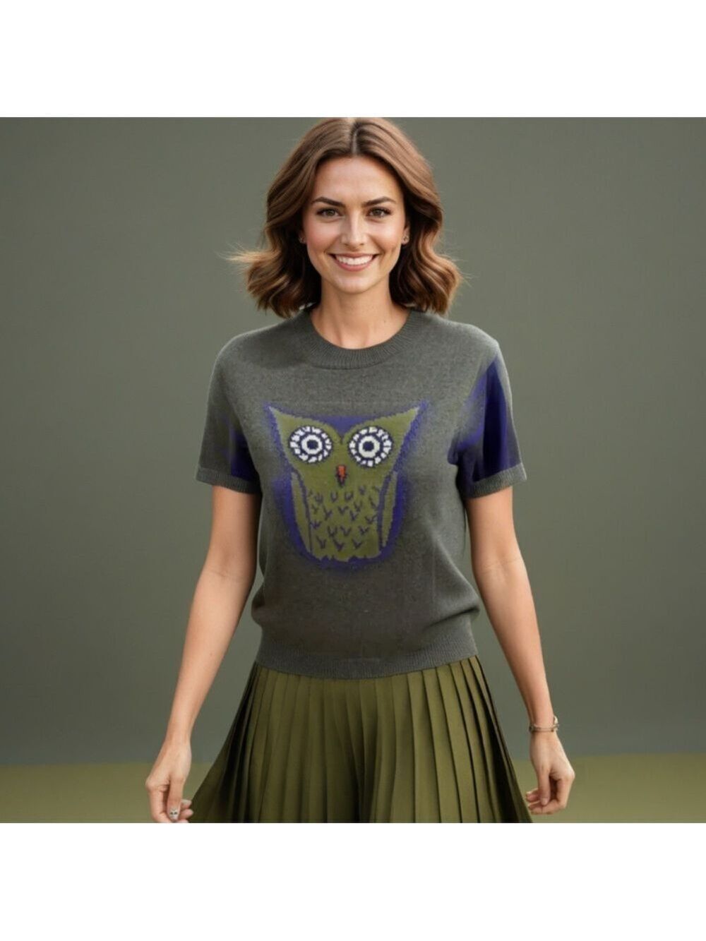CREMIEUX GRAY COTTON KNIT OWL SWEATER W SHORT SLEEVE GRANOLACORE M